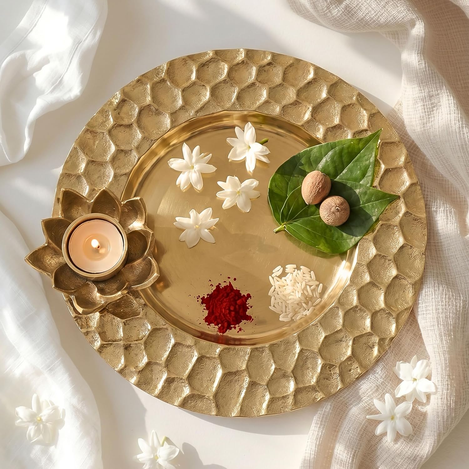 BEHOMA Metal Lotus Tray with Tea-Light Holder for Home Decor | Honeycomb Design Pooja Thali for Temple | Golden Decorative Tika Tilak Thali for Wedding & Mehndi Ceremony | Elegant Gift (30 cm)