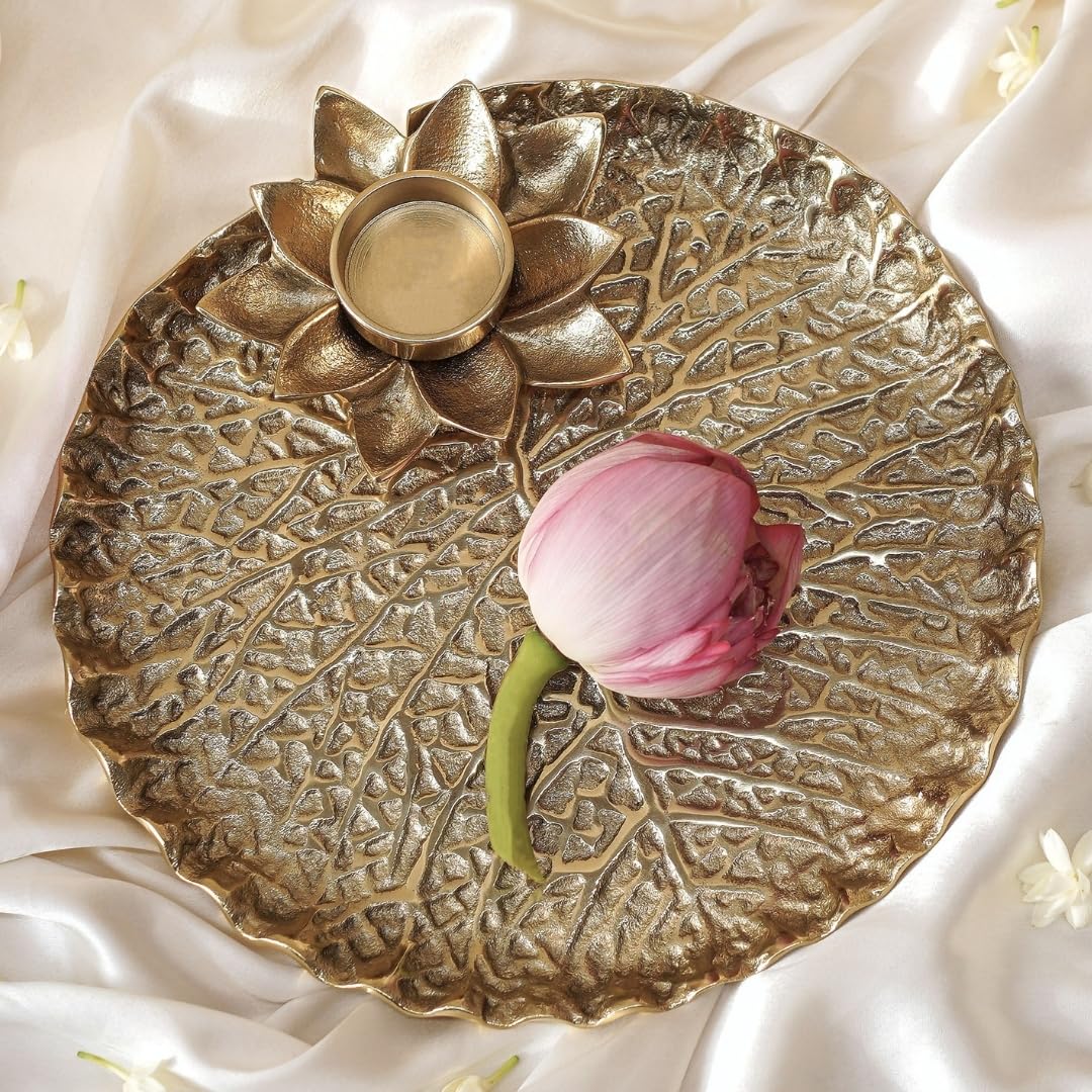 BEHOMA Metal Lotus Tray with Tea-Light Holder for Home Decor | Round Pooja Thali for Temple | Golden Decorative Tika Tilak Thali for Wedding, Haldi & Mehndi Ceremony | Elegant Gift 1 pc, Dia: 25.5 cm