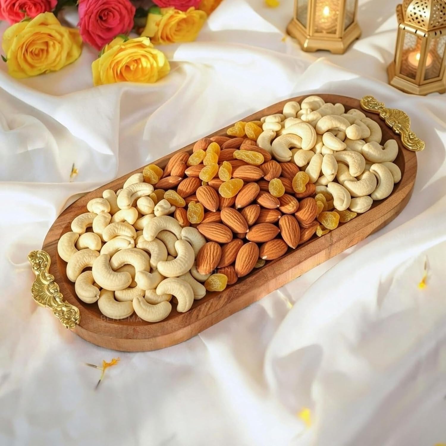 Behoma Mango Wood Oval Serving Platter with Golden Brass Motif | Elegant Wooden Tray for Home Décor | Durga Puja Navratri Festive Serveware for Sweets, Cookies & Dry Fruits | Size-32 cm (12.6 inch)