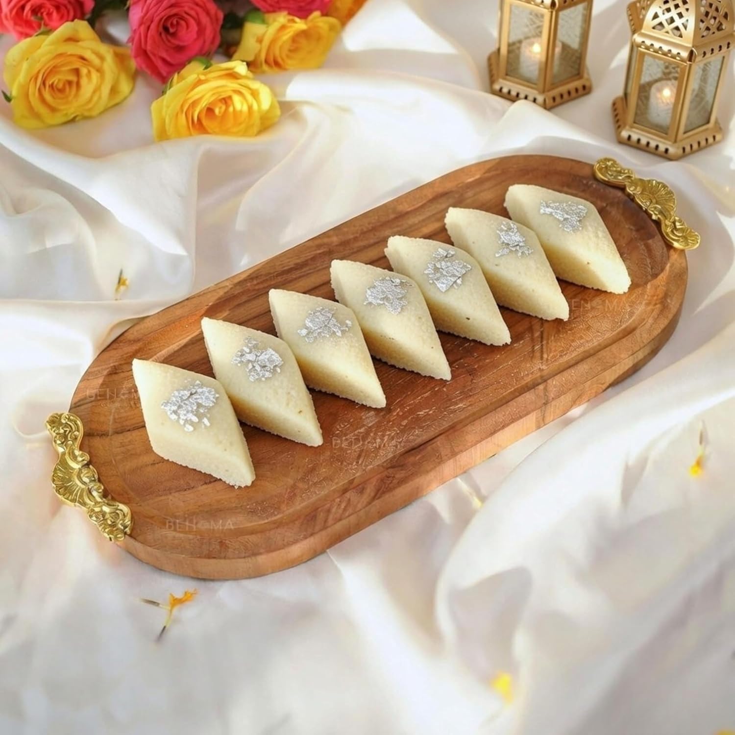 Behoma Mango Wood Oval Serving Platter with Golden Brass Motif | Elegant Wooden Tray for Home Décor | Durga Puja Navratri Festive Serveware for Sweets, Cookies & Dry Fruits | Size - 37 cm (14.5 inch)