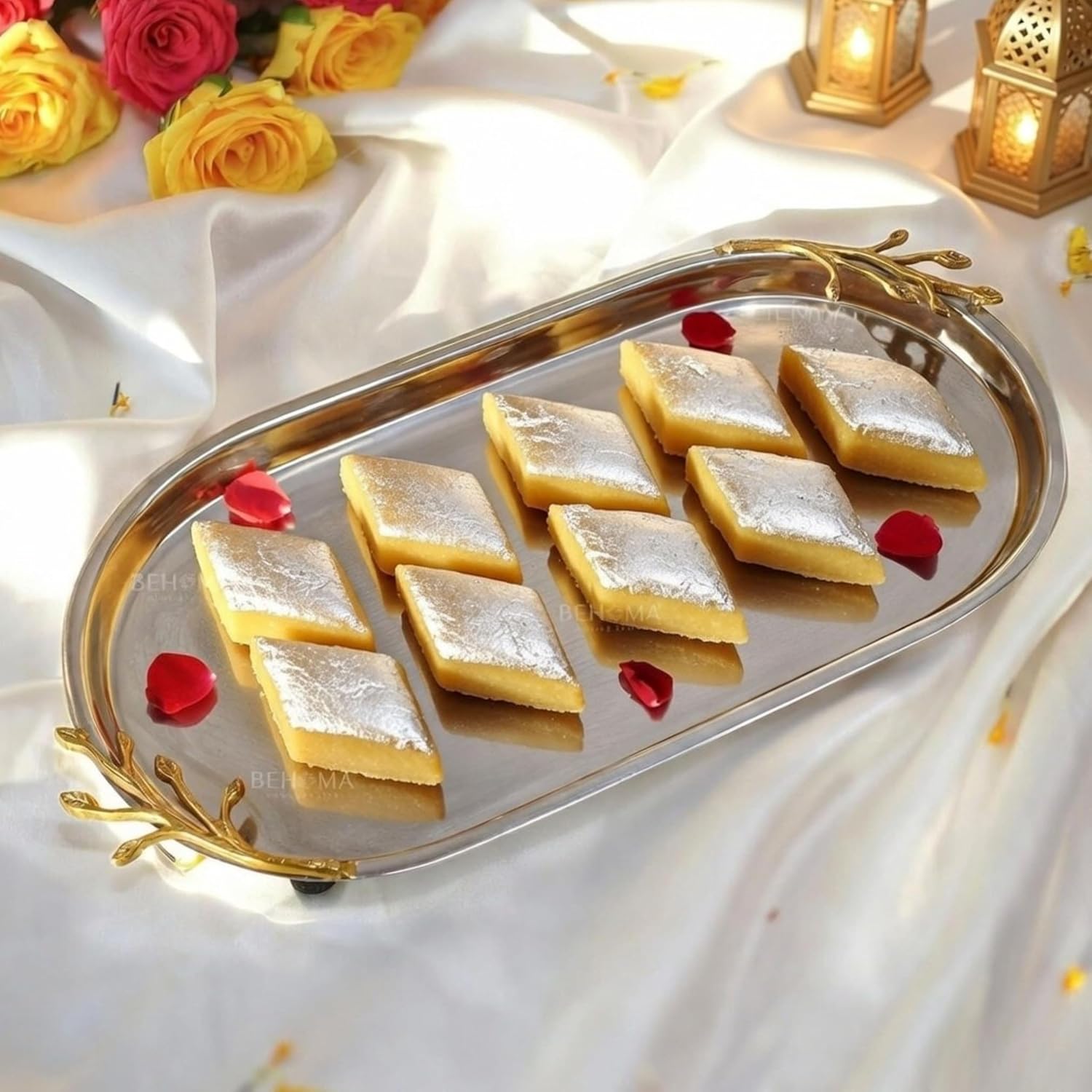 Behoma Golden Twig Oval Serving Platter with Golden Brass Leaf Handle | Elegant Stainless Steel Tray for Home Décor| Navratri Durga Puja Serveware Sweets, Cookies & Dry Fruits | Size - 13 inch (33 cm)