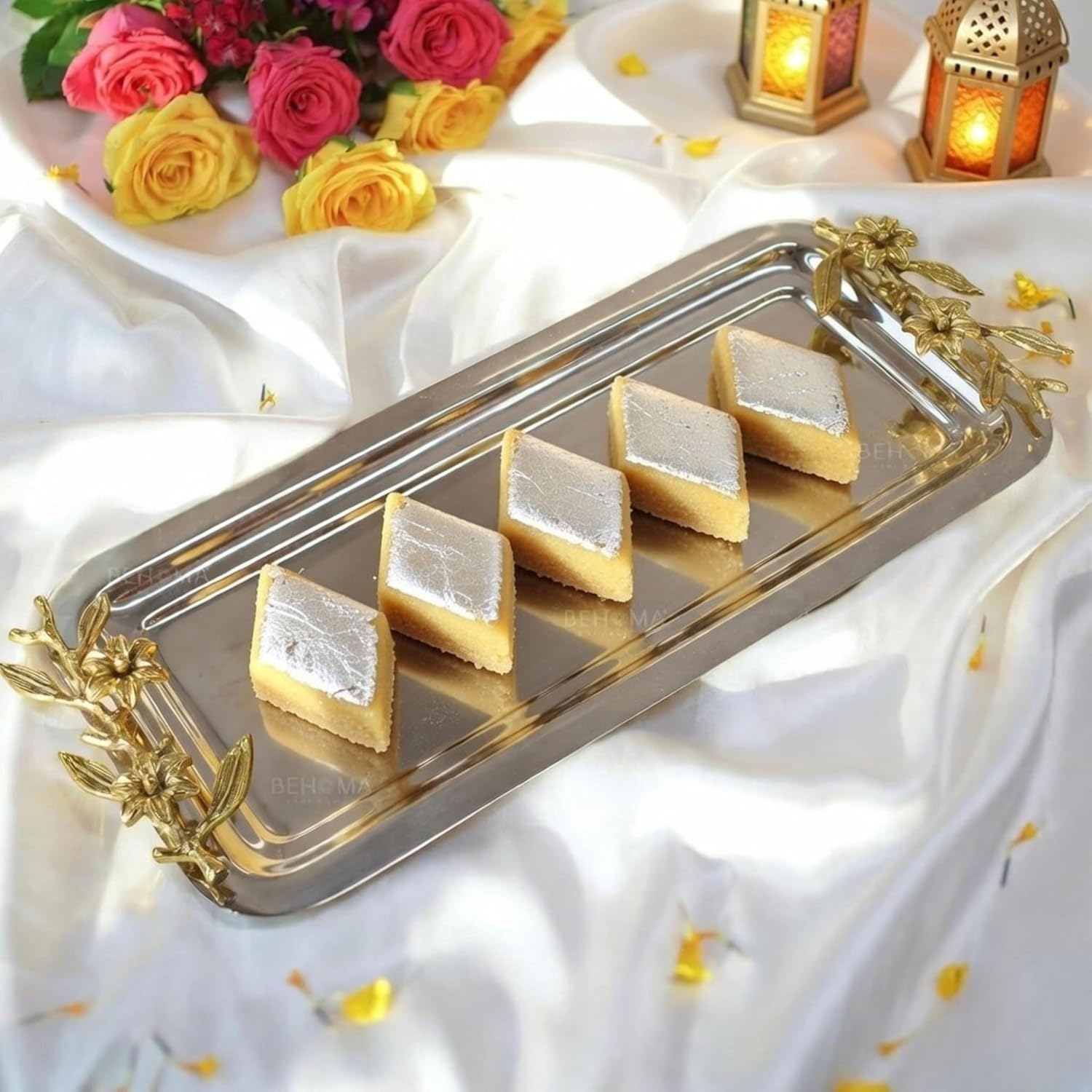 Behoma Royal Rectangular Serving Platter with Golden Brass Leaf Handle | Elegant Stainless Steel Tray Home Décor |Durga Puja Navratri Serveware Sweets, Cookies & Dry Fruit, Size- 15.5 inch (39.5 cm)