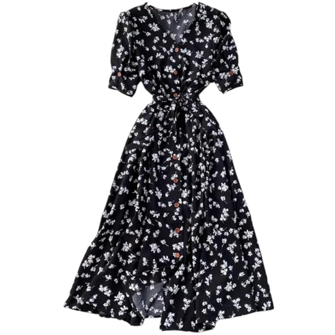 Gufrina Dresses for Women Half Sleeve || Floral Print || V-Neck and Puff Sleeves || Front Open Button & Tie-Up || Midi Dress
