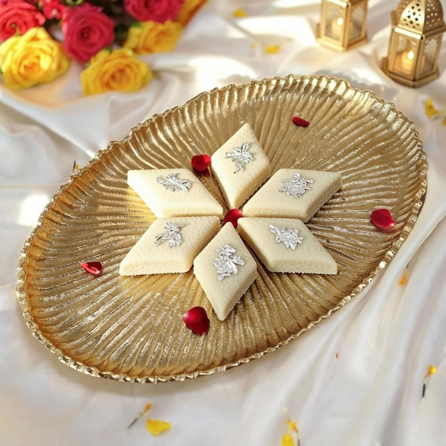 BEHOMA Aluminium Decorative Tray for Home Decor| Round Handcrafted Sunburst Pooja Thali for Temple, Premium Center Table & Festival Decor Serving Plate | Best for Diwali Pooja, Golden, Large Dia: 24cm