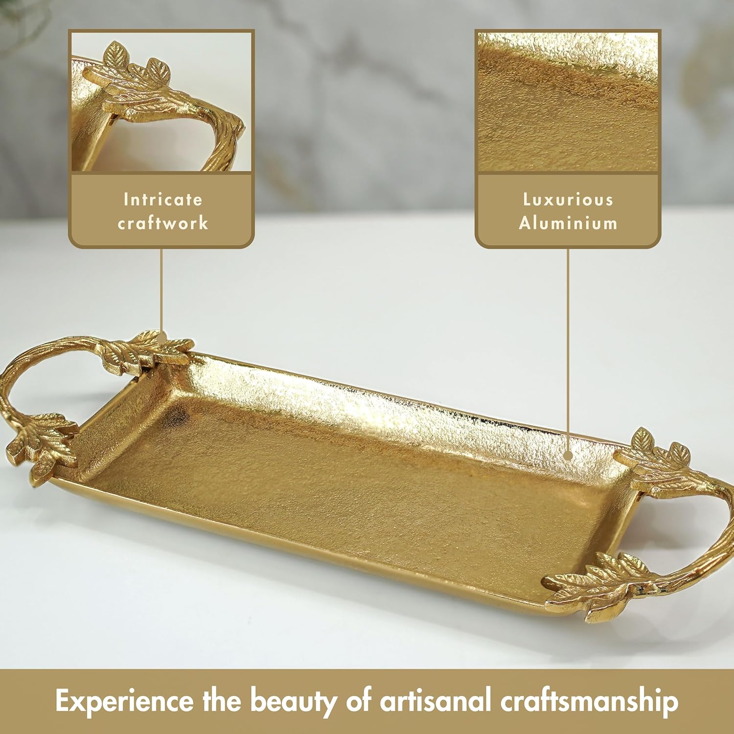 Behoma Aluminium Golden Serve Tray with Leaf Handle for Center Table Centerpiece| Serving Platter for Home Decor Kitchen Dining | Durga Puja Navratri Plater for Sweets, Cookies, Dry Fruits, 16.7" inch