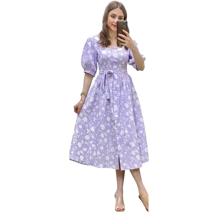 Gufrina Women's Rayon Midi Dress with Short Puff Sleeves Floral Printed Round Neck Knee Length Regular Fit and A Line Style