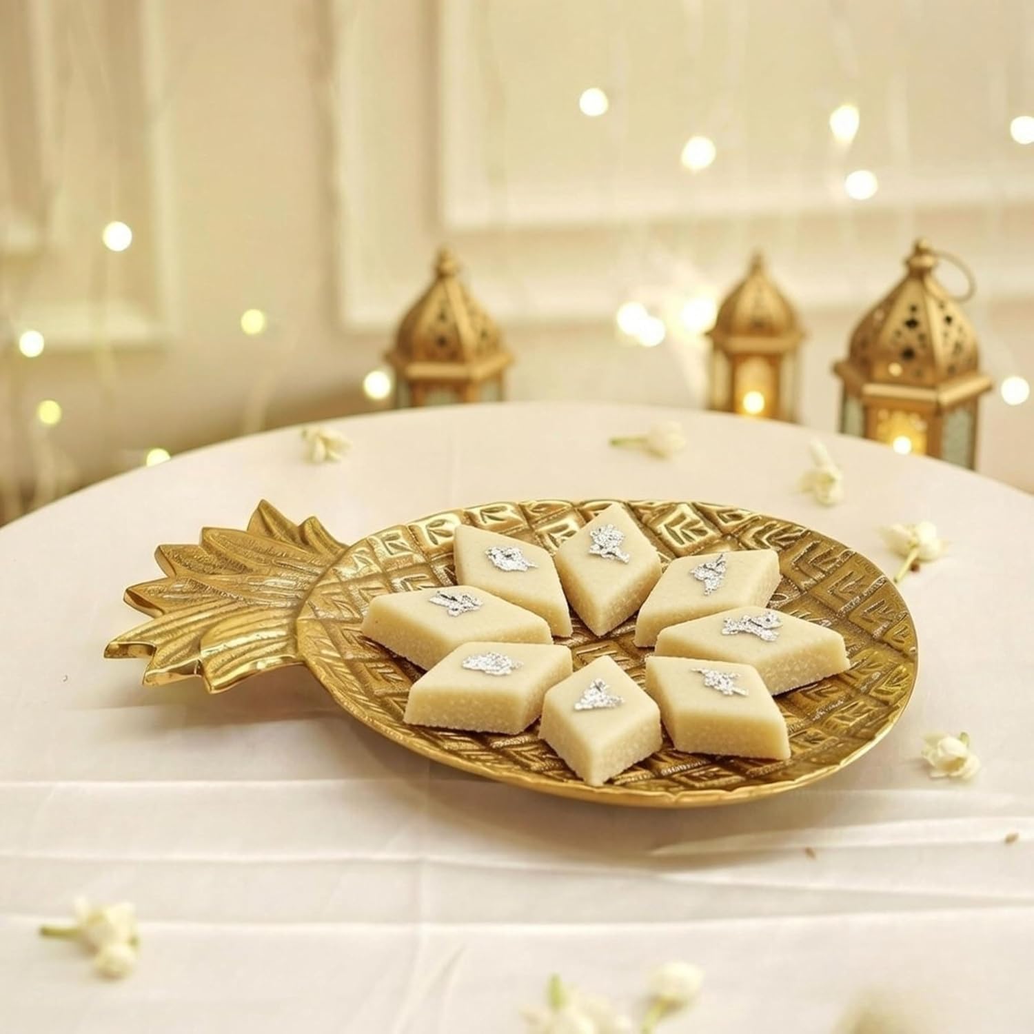 Behoma Metal Pineapple Shape Tray for Home Decor | Perfect for Mandap, Haldi, Mehendi & Reception Center Table Decoration | Special Navratri Decorative Golden, Small Size (Only Tray Included)