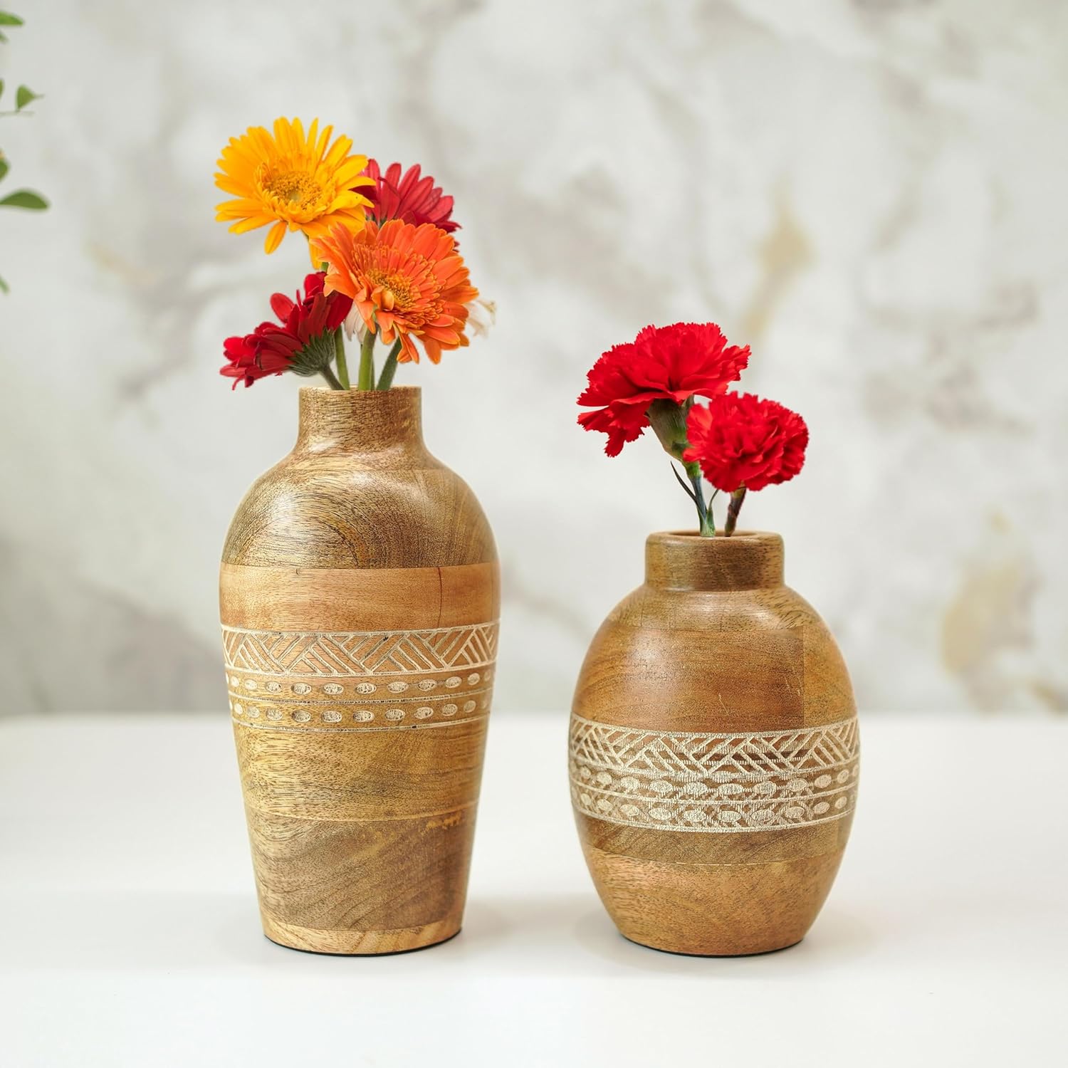 Behoma Flower Vase, Mango Wood Flower Vases, Bottle with Etching, for Decor Home Living Room Kitchen Office, Diwali Decoration | Set of 2, Bud Shape (7.8" inch) & Bulb Shape (5.9" inch)