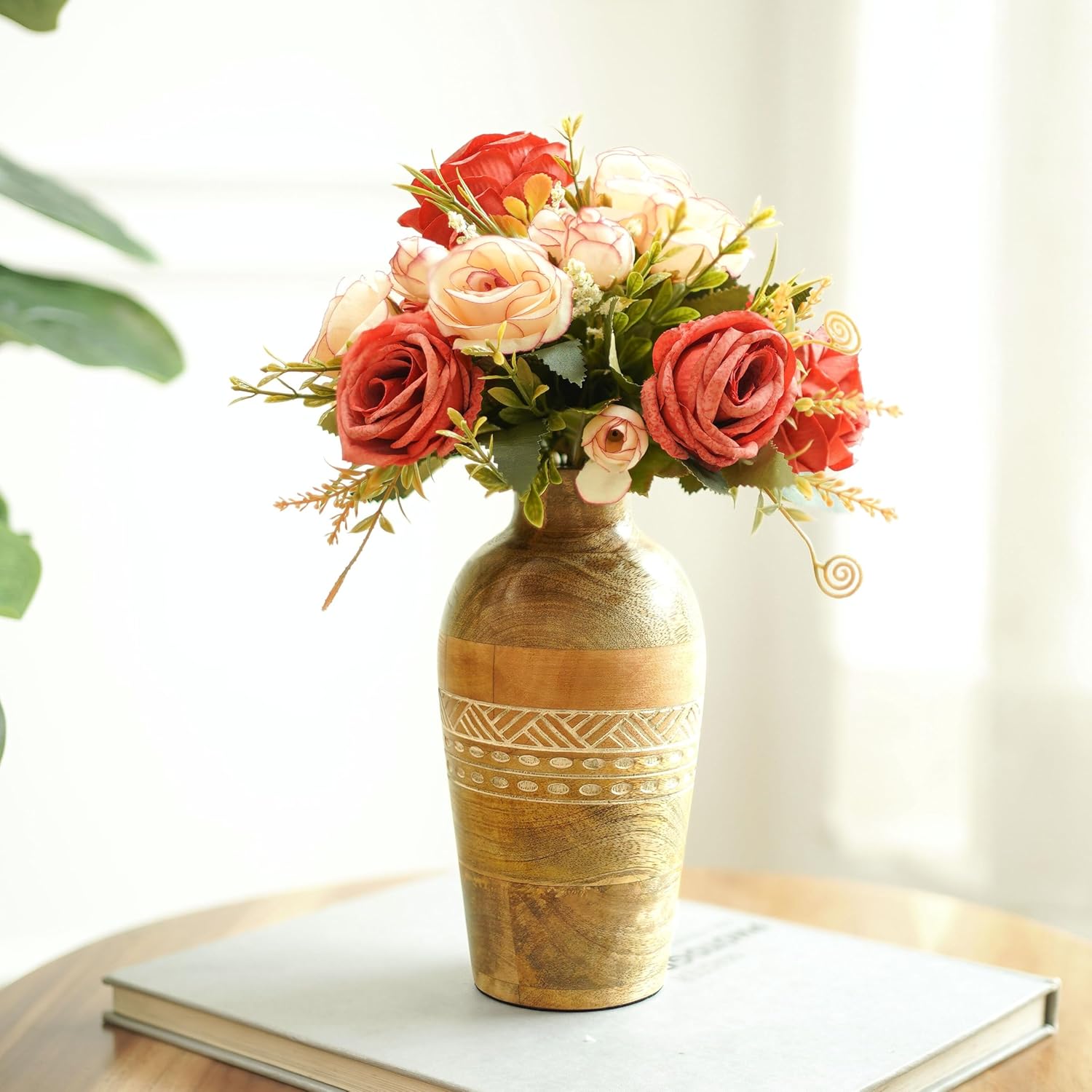 Behoma Flower Vase, Mango Wood Flower Vases, Bud with Etching, for Decor Home Living Room Kitchen Office, Diwali Decoration | Height - 7.8" inch (20 cm)