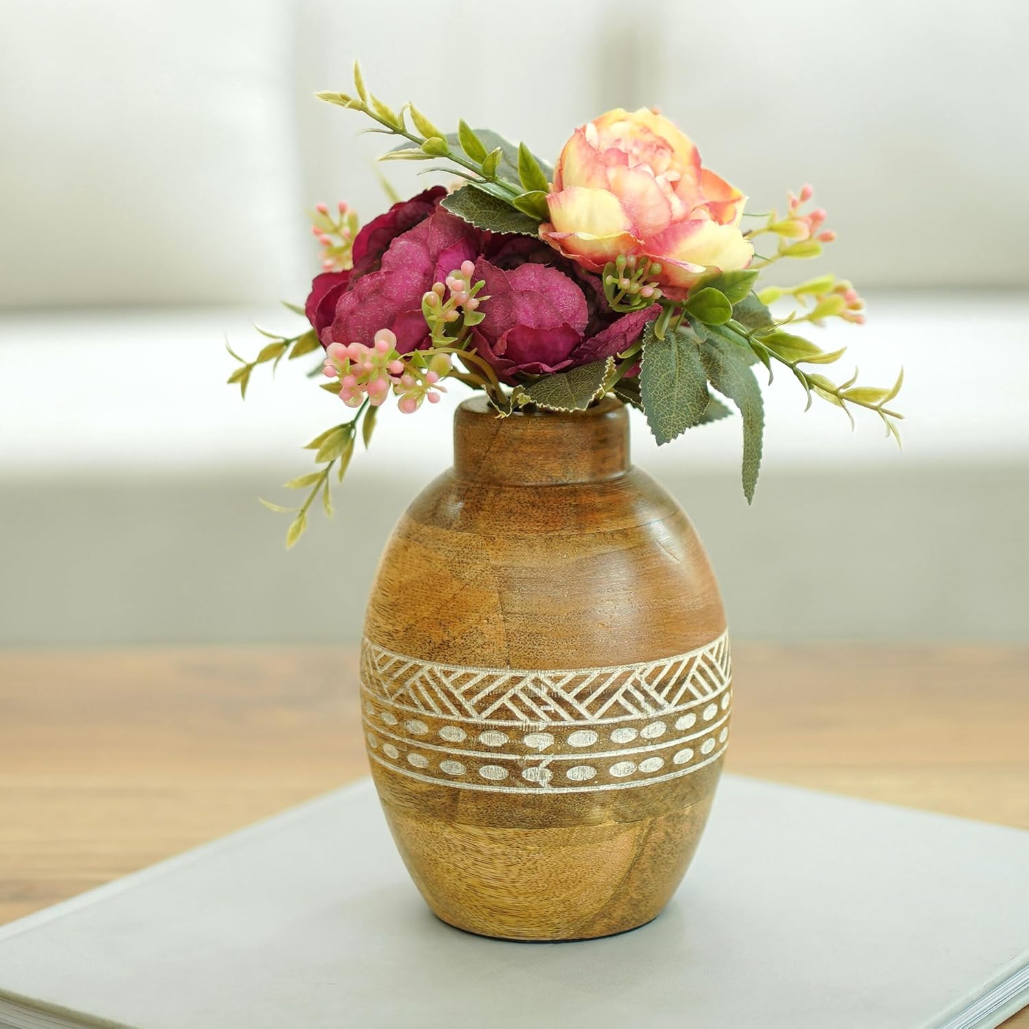 Behoma Flower Vase, Mango Wood Flower Vases, Bulb with Etching, for Decor Home Living Room Kitchen Office, Diwali Decoration | Height - 5.9" inch (15 cm)