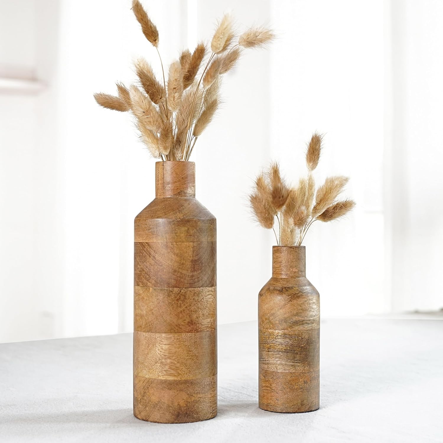 Behoma Wooden Flower Vase Set of 2, Bottle Shape Mango Wood Vases for Flowers for Decor Home Living Room Kitchen Office, Natural Light Brown Finish | Height - 9 inch (23 cm) & 5.9 inch (15 cm)