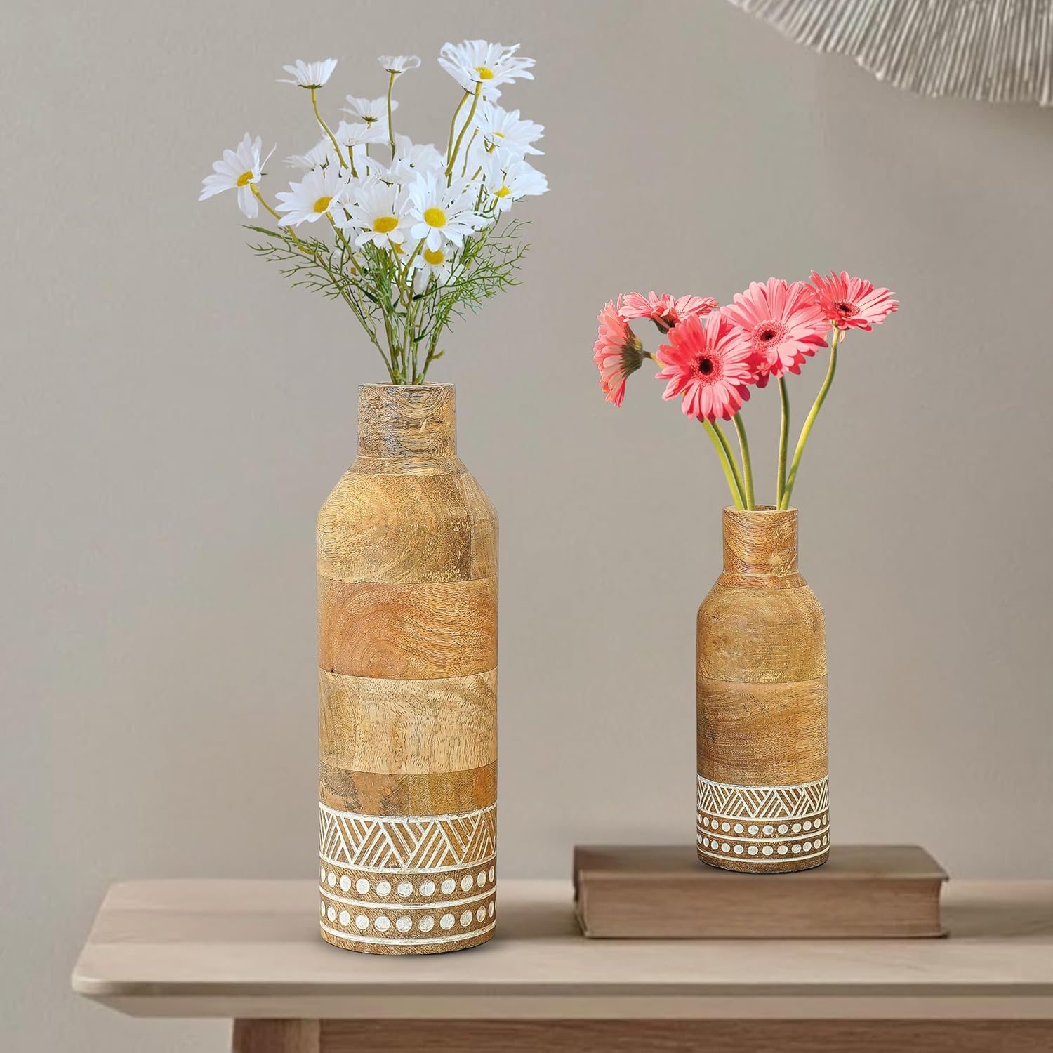 Behoma Boho Engraved Design Wooden Flower Vase Set of 2, Bottle Shape Mango Wood Vases for Flowers for Decor Home Living Room Kitchen Office, Natural Light Brown Finish | Height - 23 cm & 15 cm