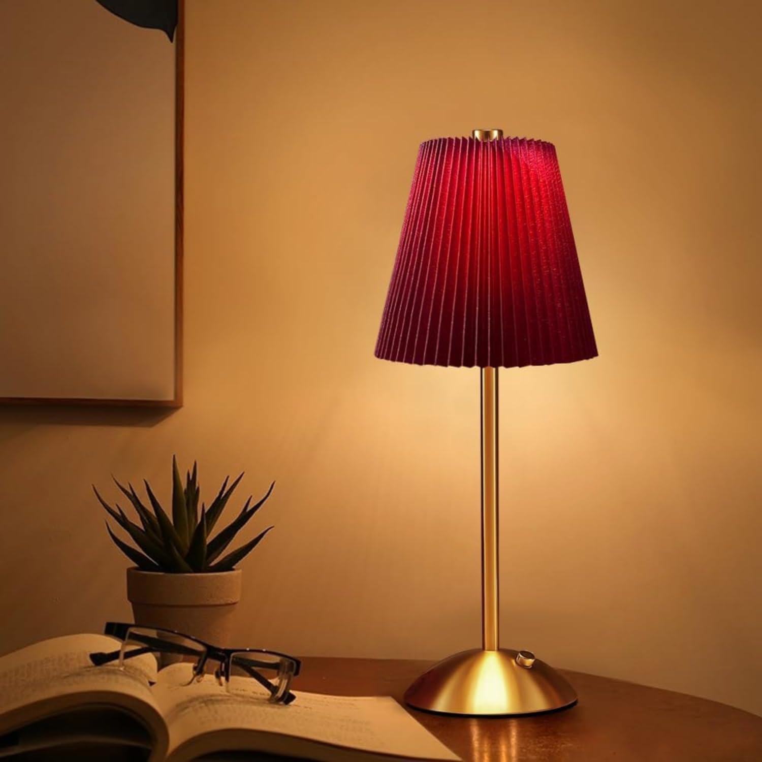 NYRWANA Table Lamp | 2000mAh Battery | Home Decor, Lamps for Bedroom, Lamp for Living Room, Stepless Dimming, 3 Colour Touch Control, USB-c Charging (Metal - Red)