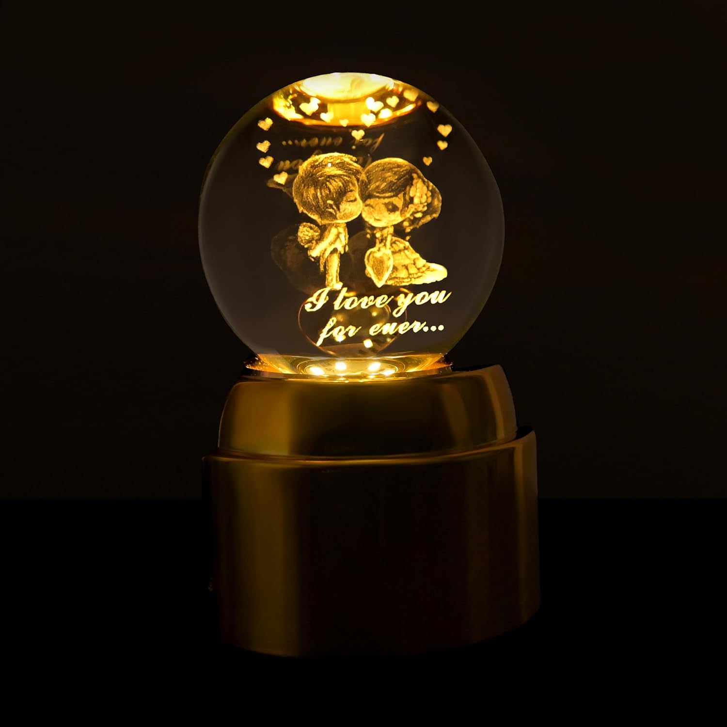 NYRWANA 3D Rotating Crystal Ball Night Light with Golden Base | USB Powered Night Lamp for Home Décor | Present Gifts for Birthday, Anniversary, Wedding, Valentine, Girlfriend (I Love You Forever)