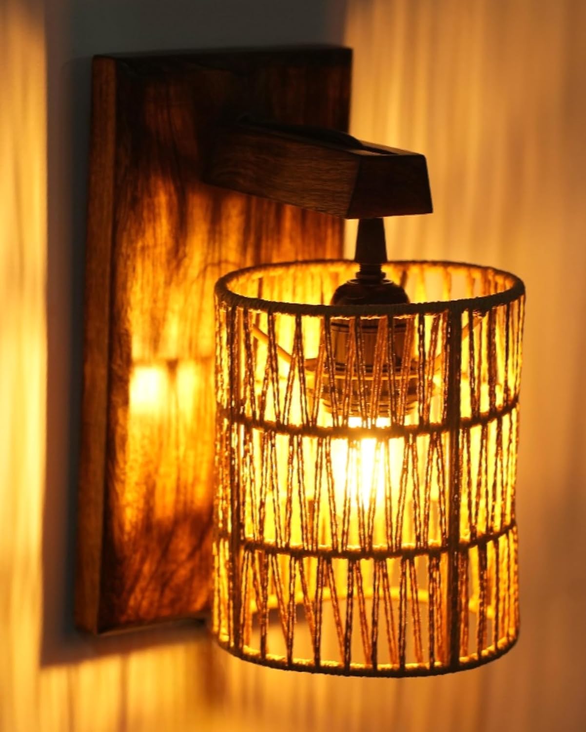 Ikari Homes Rustic Wooden Wall Lamp I Cylindrical Raffia Shade I Vintage Wall Lamp I Boho Rattan Wall lamp for Bedroom/Balcony/Living Room/Outdoor/Entrance - Size 10 x 5 in (Zig Zag Raffia)
