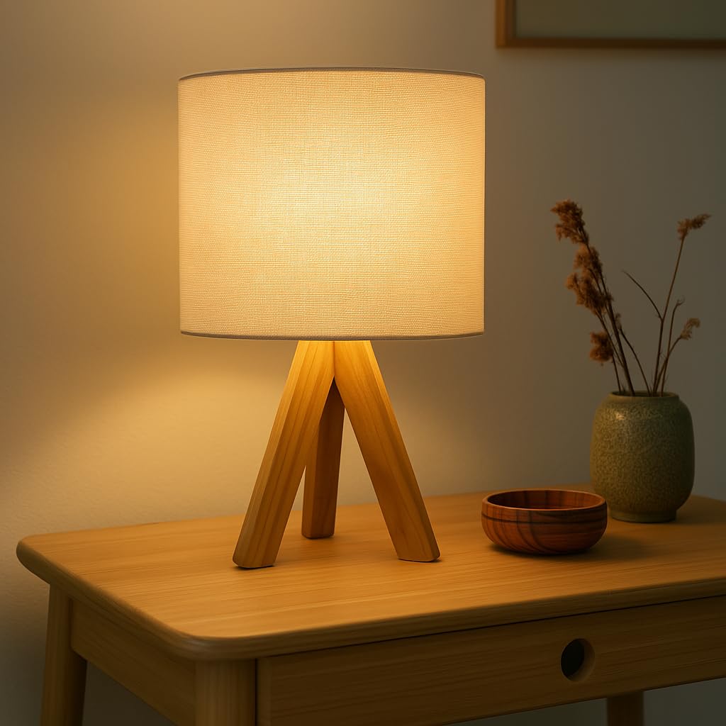 Ikari Homes Modern Teak Tripod LED Table Lamp With Wooden Base And White Fabric Shade, Bedside Desk Light For Living Room I Bedside Lamp For Night/Study Lamp I Size 16.75 In X 8.6 In