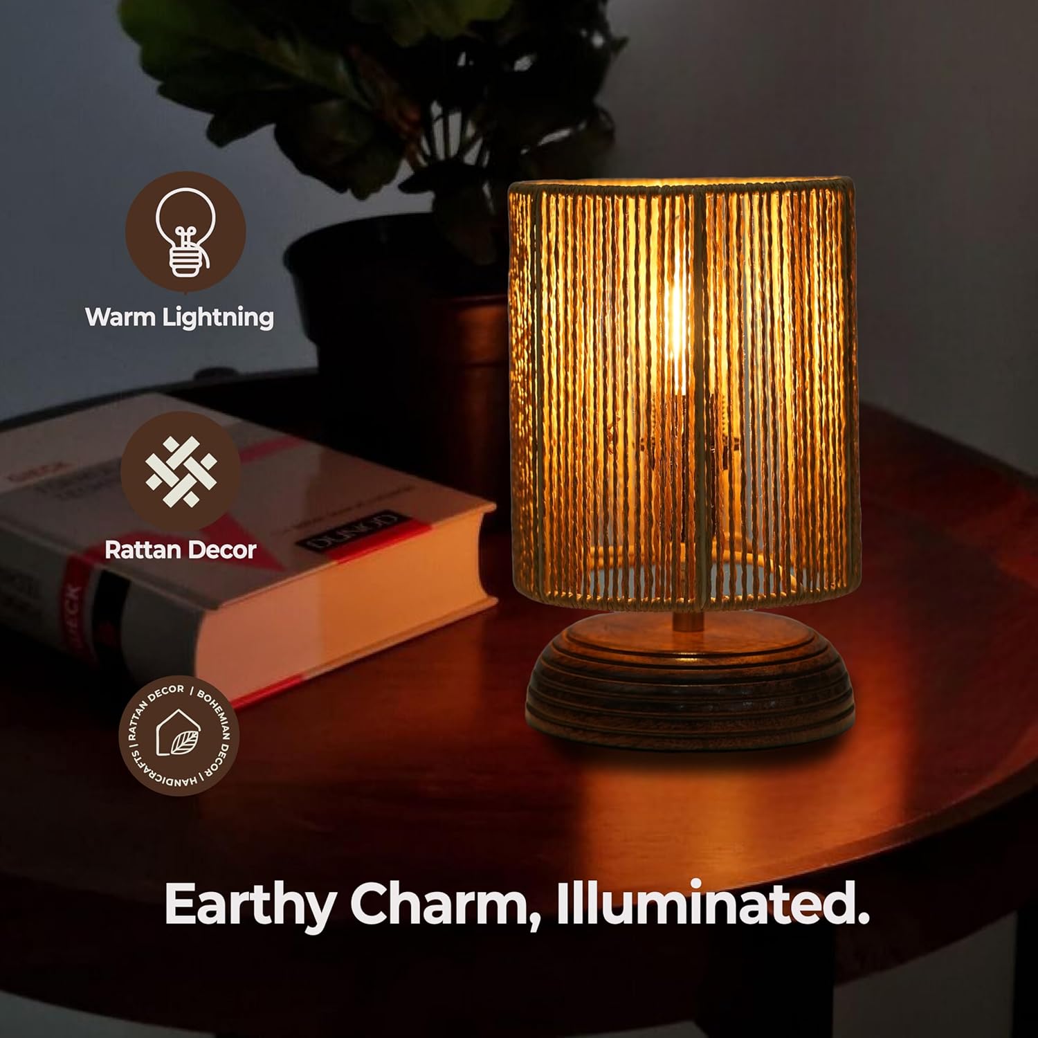 Ikari Homes Wood Boho Raffia Incandescent Table Lamp I Night Lamp for Bedroom Bedside & Center Table Lamp for Restaurant I Office Desk Lamp I I Home Decor Items I Size 21.5 x 12.9 cm, Brown