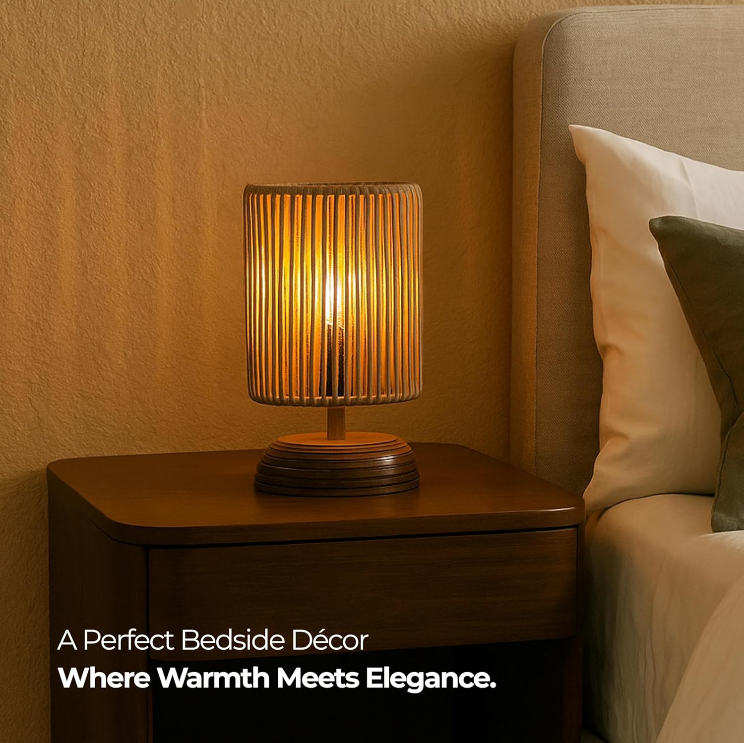 Ikari Homes Boho Reed Table Lamp I Night Lamp for Bedroom Bedside & Center Table Lamp I Warm Ambient Cozy Lamp I Rattan Lamp I Size 21.5 x 12.7 cm - (Bulb Not Included)