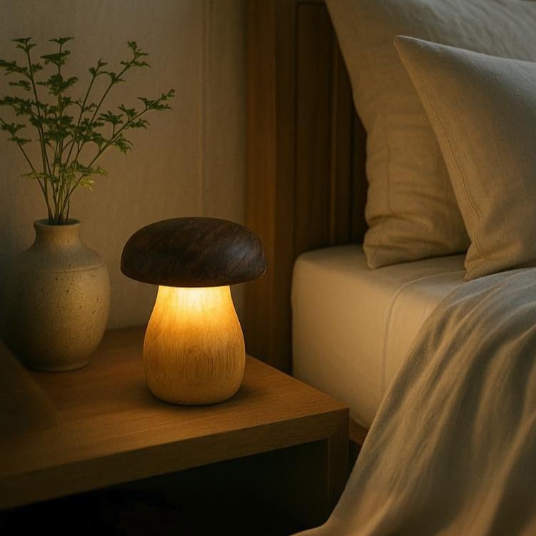 Ikari Homes Handcrafted Wooden LED Mushroom Lamp I Warm Lighting For Cozy Spaces Ideal For Bedside, Desk, Or Decorative Lamp I Birthday Anniversary Couple Gift I With Adaptor