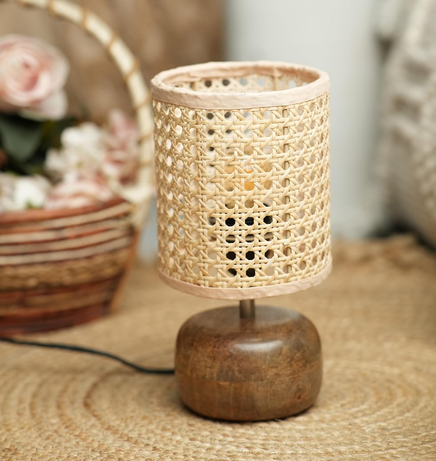 Ikari Homes Boho Sphere Rattan Table Lamp I Bedside Table Lamp I Indonesian Premium Natural Rattan Cane & Braided Beize Wire I Office Desk Lamp I Night Lamp Bedroom/Living Room