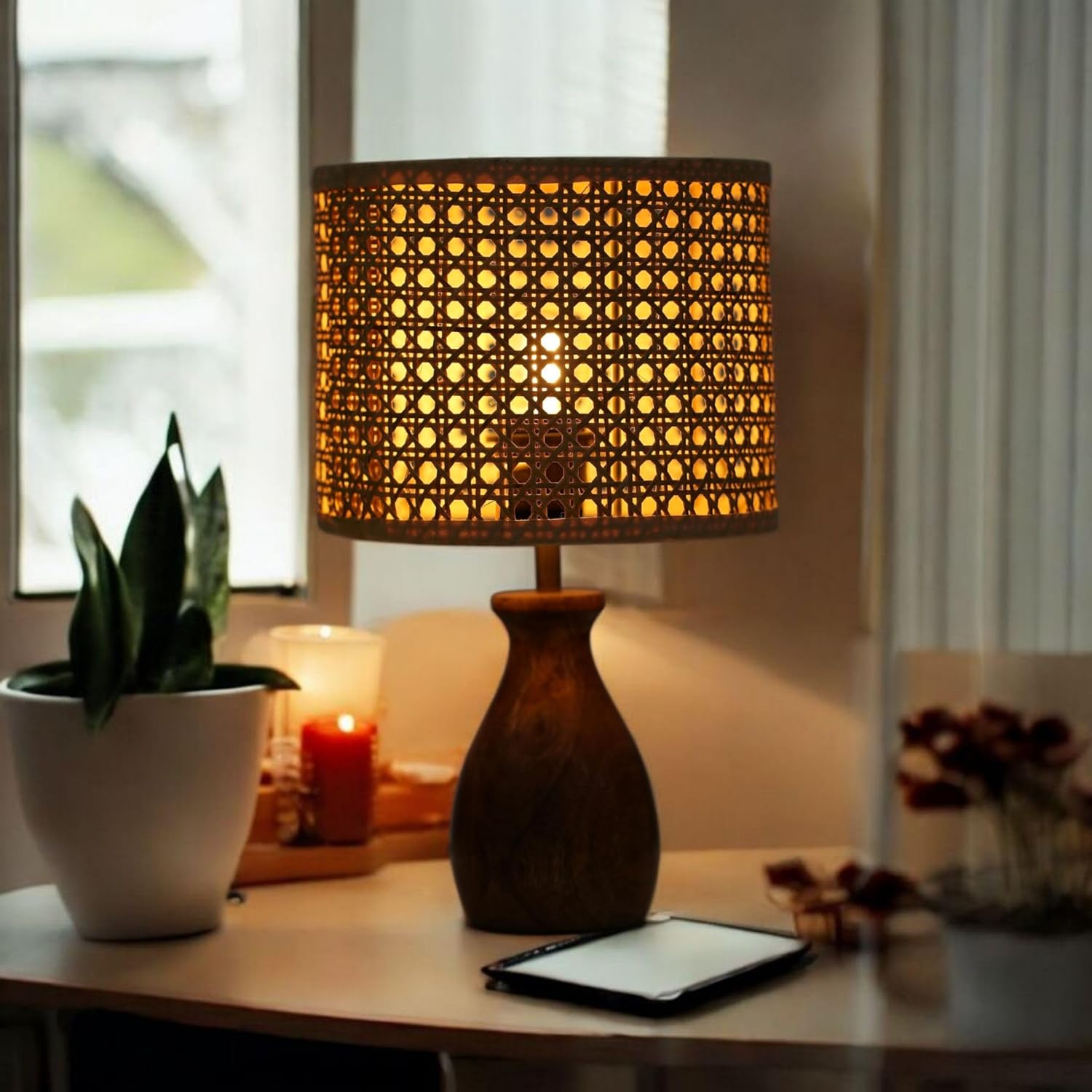 Ikari Homes Boho Rattan Table Lamp I Center Table Lamp for Restaurant I Office Desk Lamp I Night Lamp Bedroom I Home Decor Items I Size 13.5 in x 8 in (Rattan Hex Mesh)