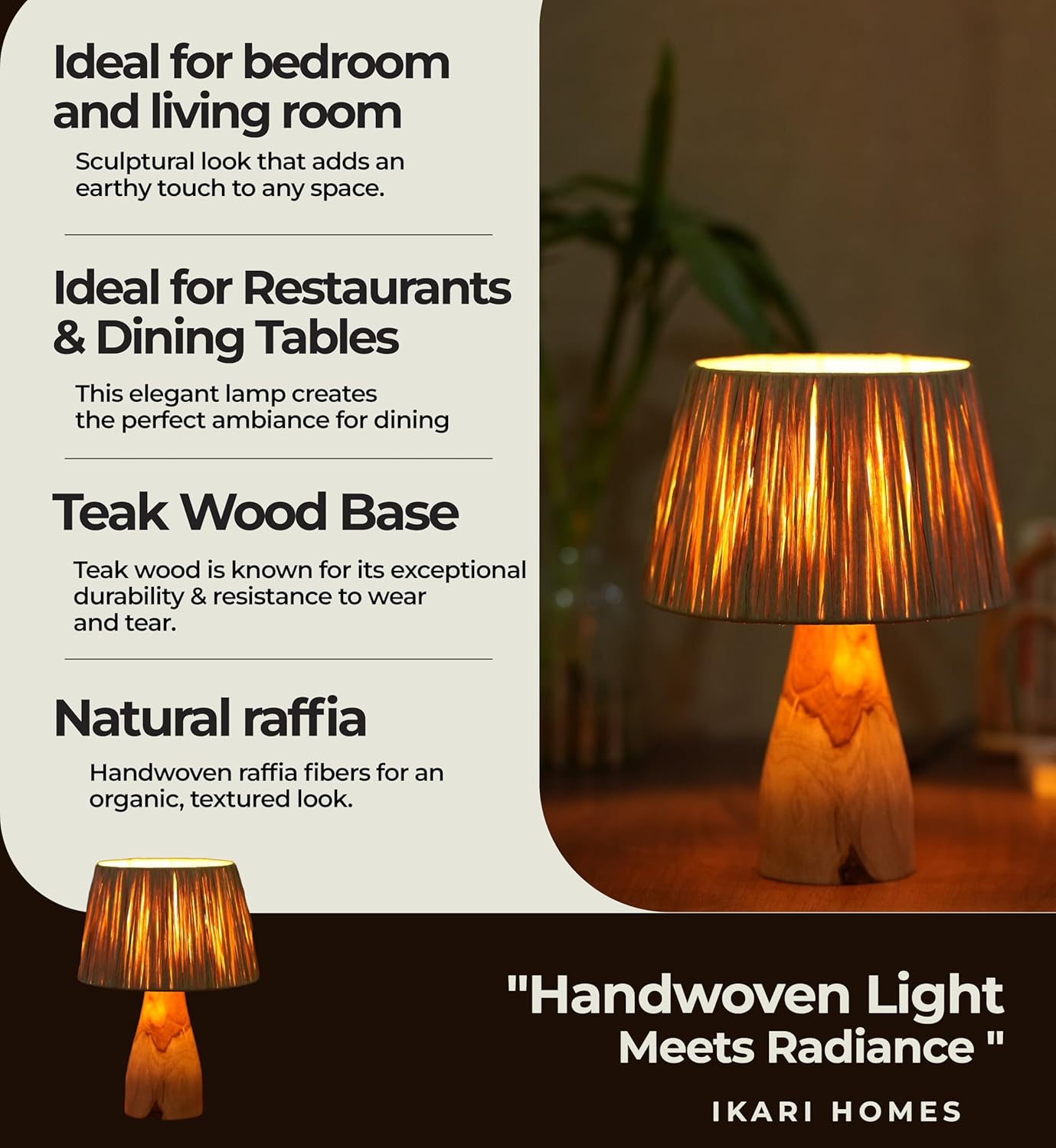Ikari Homes Teak Raffia Table Lamp I Natural Eco Friendly Lamp I Bedside Lamp I Center Table Lamp for Restaurant I Office Desk Lamp I Night Lamp Bedroom I Home Decor Items I Size 27.3 x 20 cm