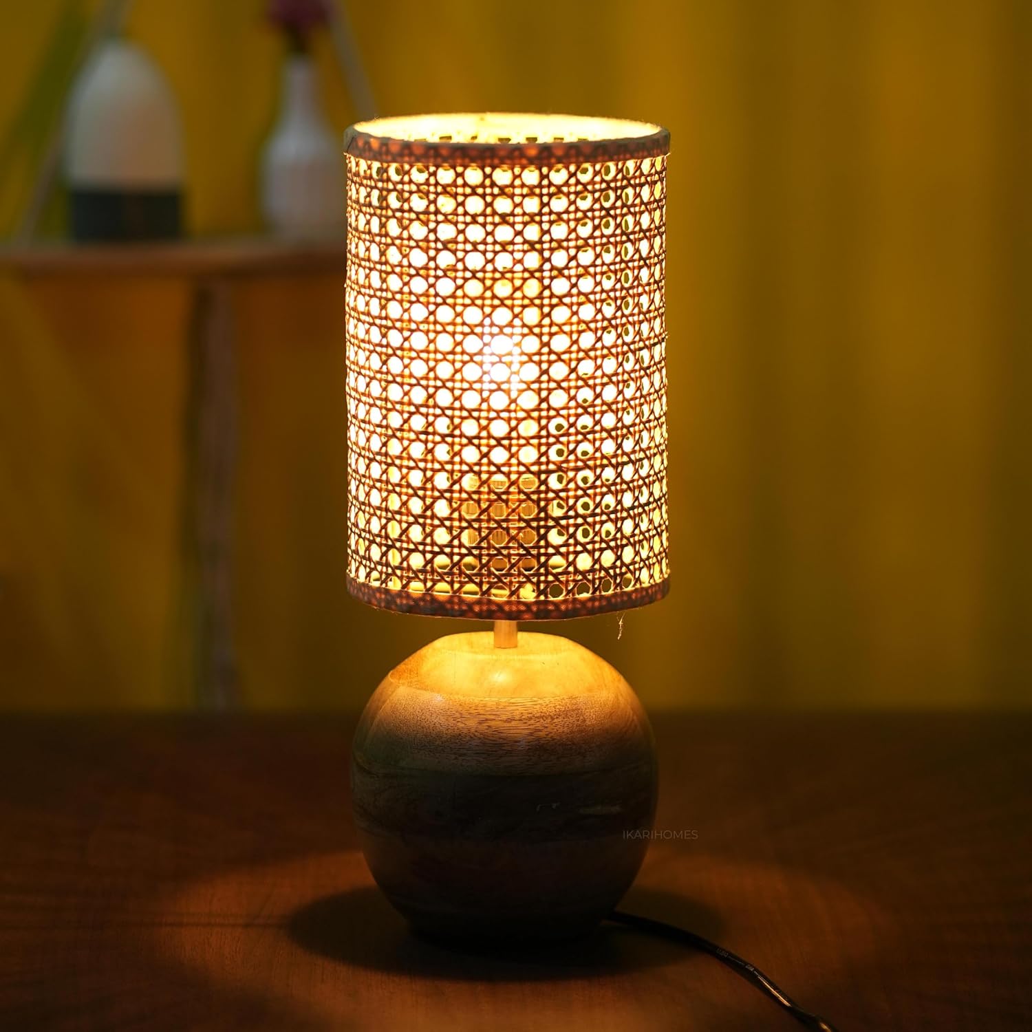 Ikari Homes Wood Lumi Rattan Table Lamp I Indonesian Premium Natural Rattan Cane & Braided Beize Wire I Office Desk Lamp I Night Lamp Bedroom/Living Room - (Size 16in x 6in), Led