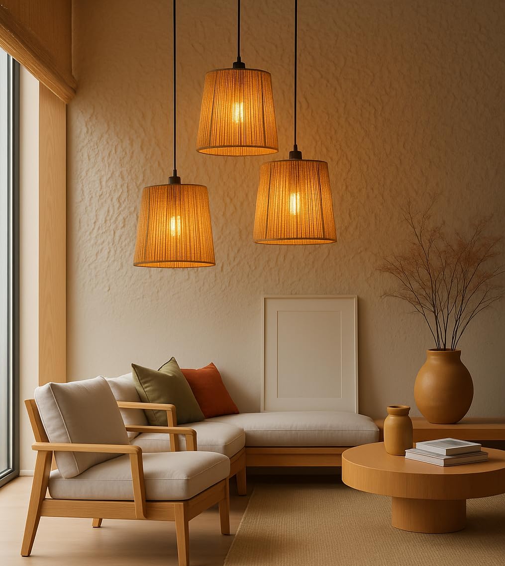 Ikari Homes Rattan Chandelier 3 in1 Pendant Light, Natural Beige, Boho Style, E27 Base, Chandelier for Living Room I Dining I Bedroom I Balcony I Adjustable Wire - (Bulbs not Included) (Taper Raffia)
