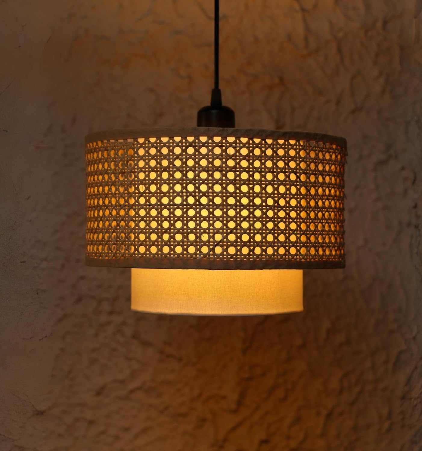 Ikari Homes Duo Rattan Pendant Light I Boho Ceiling Mounted Lamp, Indonesian Natural Rattan, E27 Holder with Fittings I Hanging Lamp for Living Room/Ceiling - Bulb Not Included (Duo Hex I 12x8)