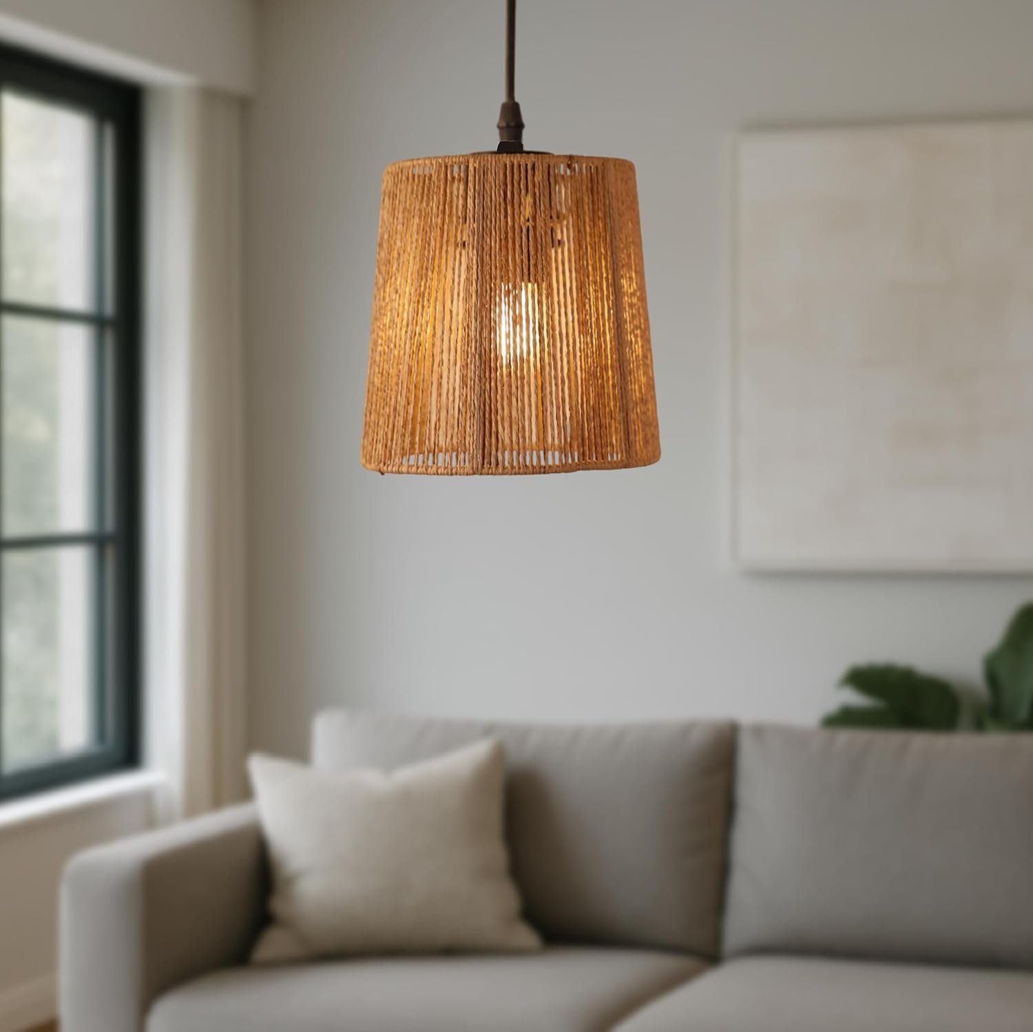 Ikari Homes Hanging Raffia Light I Cylindrical Handcrafted Woven Shade with Raffia I Boho Decor Hanging Lamp I Indoor/Outdoor/Balcony/Entrance/Dining Table (Bulb not Included)