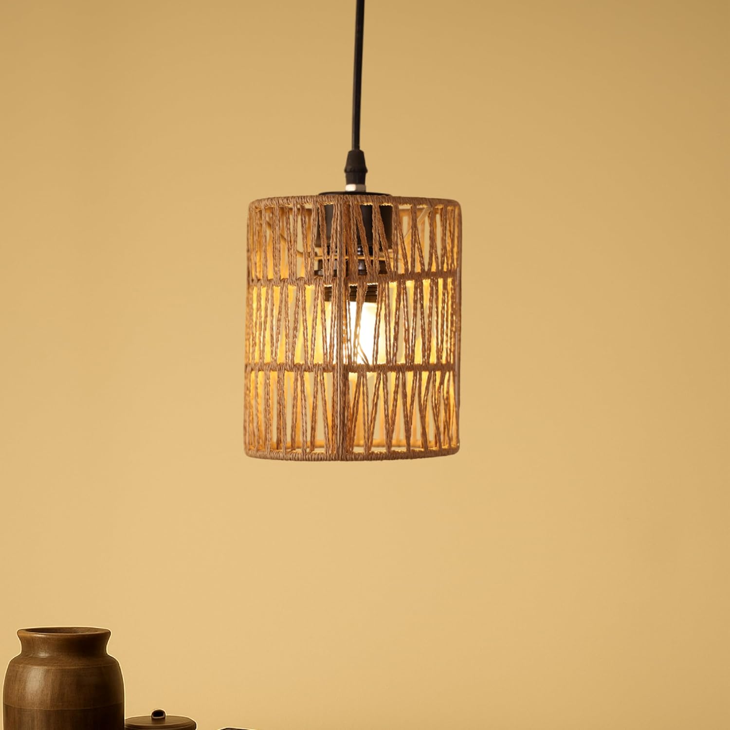 Ikari Homes Hanging Raffia Light I Cylindrical Handcrafted Woven Shade with Raffia I Boho Decor Hanging Lamp I Indoor/Outdoor/Balcony/Entrance/Dining Table (Bulb not Included) (Zig Zag Raffia)