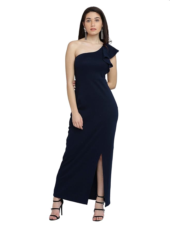 Miss Chase Women's Solid One Shoulder Sleeveless Ruffled Maxi Dress