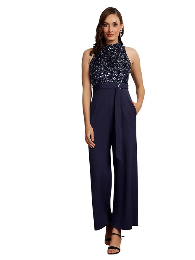 Miss Chase Womens Halter Neck Sleeveless Embellished Regular-Length Jumpsuit