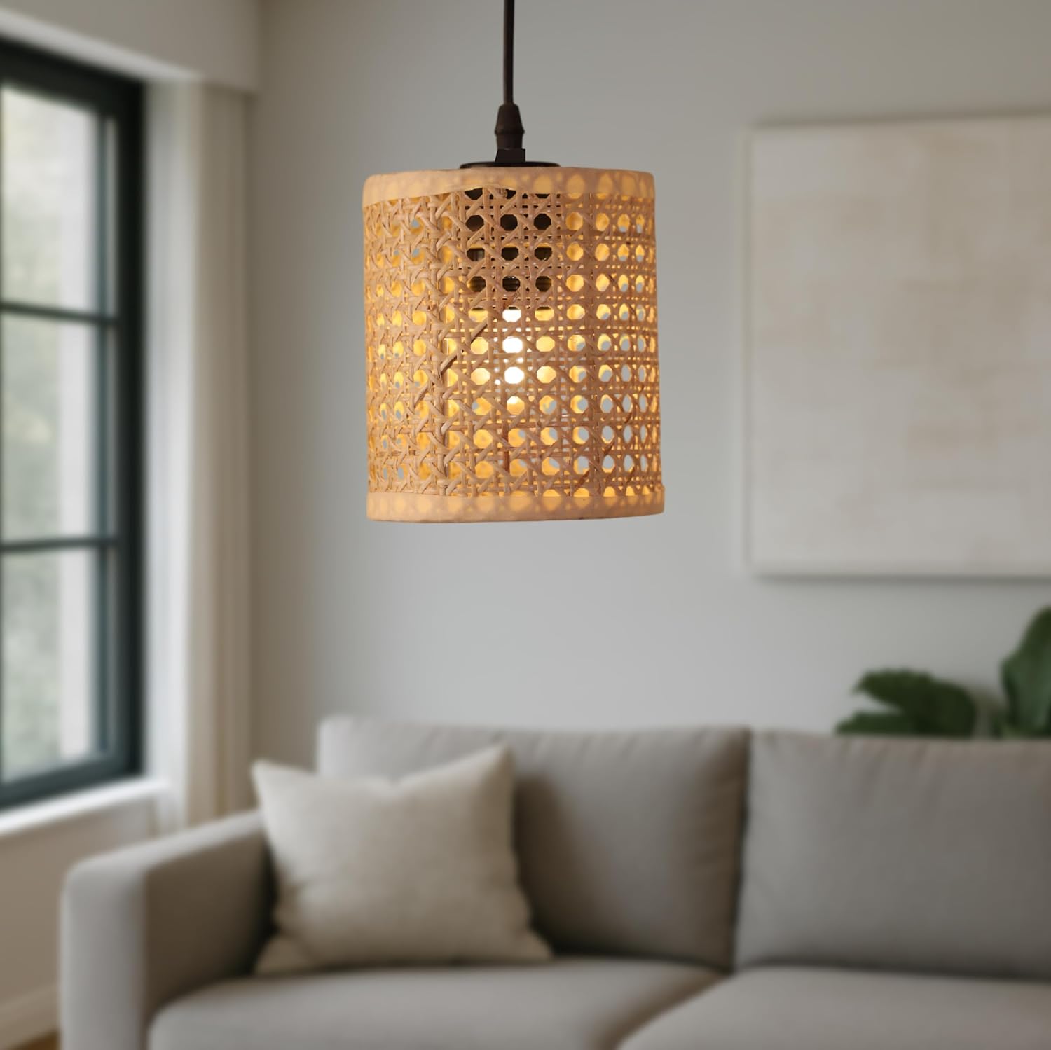 Ikari Homes Rattan Pendant Light, Cylindrical Woven Shade, Natural Indonesian Rattan I Boho Hanging Ceiling Hanging Light I Indoor & Outdoor Hanging Lamp I (Bulb not Included)