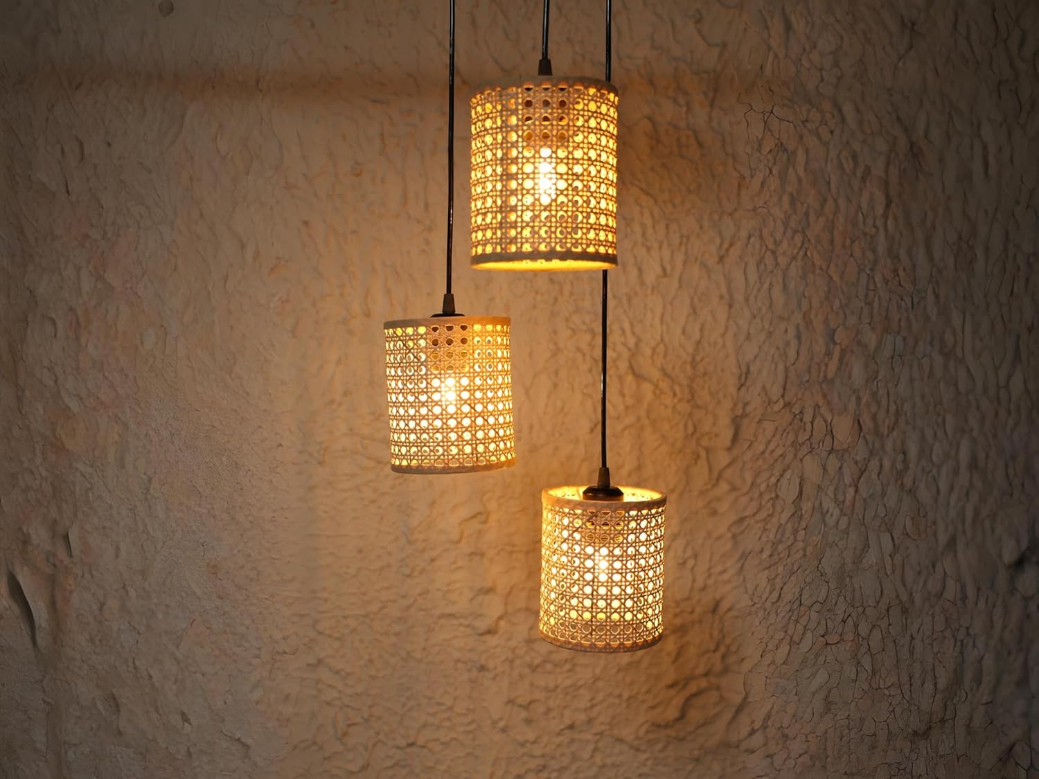 Ikari Homes Rattan Chandelier 3 in1 Pendant Light, Natural Beige, Boho Style, E27 Base, Chandelier for Living Room I Dining I Bedroom I Balcony I Adjustable Wire - (Bulbs not Included) (Hex Mesh)