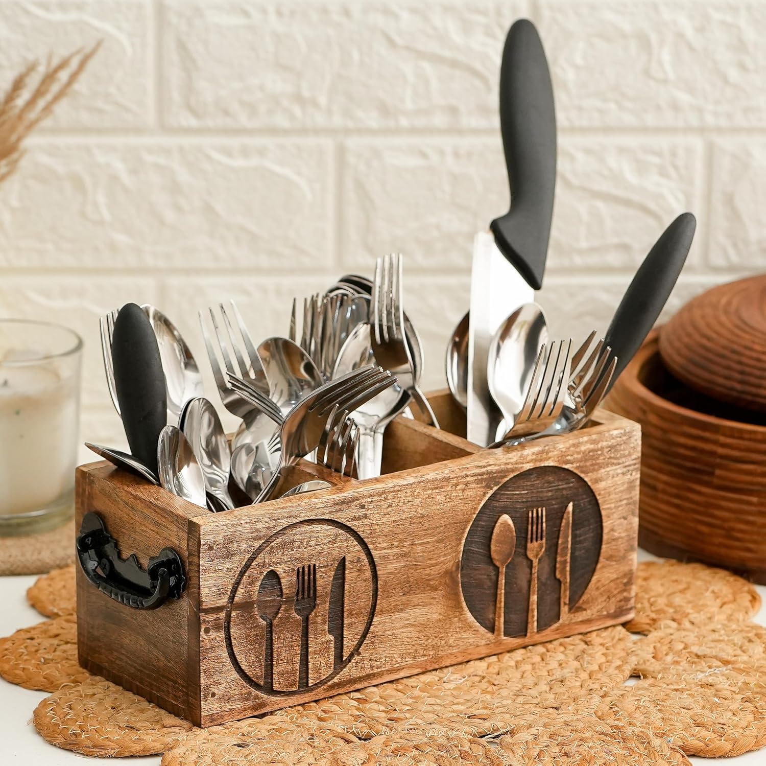 Ikari Homes Wooden Antique Cutlery Holder I Cutlery Organizer I Boho Wooden Caddy I Spoon knife Fork Tissue Holder Stand I Cutlery Stand - Spoon Fork engraved design