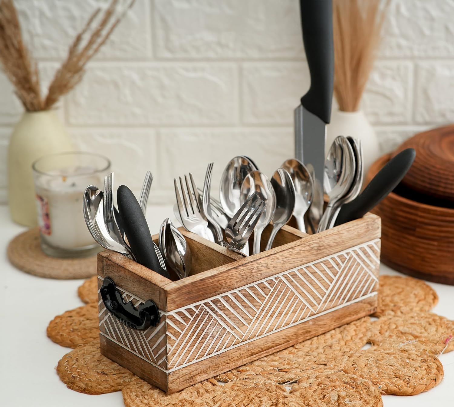 Ikari Homes Wooden Cutlery Holder With Antique Carving Geometric Pattern I Cutlery Stand For Spoon/Fork/Tissues I Premium Cutlery Stand For Dining Table I 10 In X 4 In X 4 In With Handles, Brown
