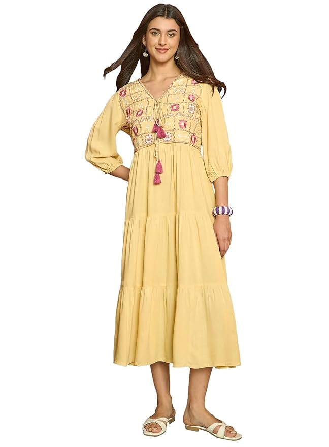 Stylum Women's Solid & Embroidered Rayon Tiered Dress with Jacket