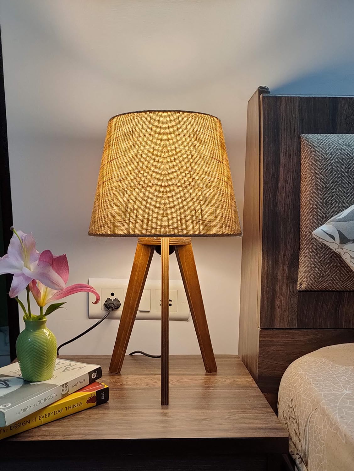 Crosscut Furniture Premium Wooden Bed Side LED Table Lamp (Brown With Jute)