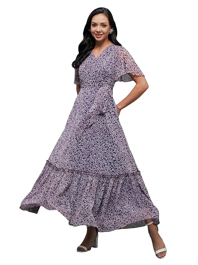 Miss Chase Women’s Floral V-Neck Flutter Sleeve Wrap Chiffon Maxi Dress