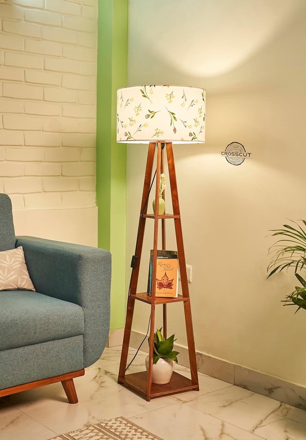 Crosscut Furniture Wooden Floor Lamp with Shelf (Farm Petals) LED Bulb Included.