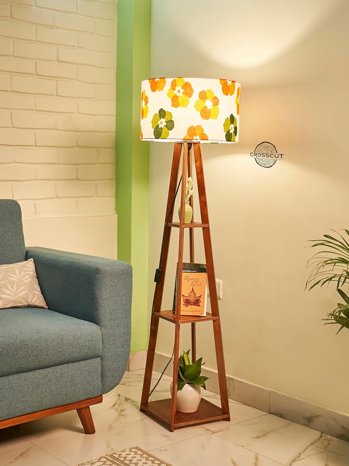 Crosscut Furniture Wooden Floor Lamp with Shelf (Fresh Flower). LED Bulb Included.