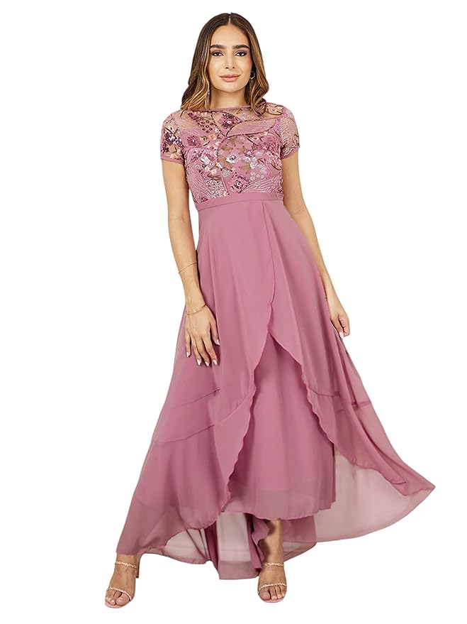 Miss Chase Women's Halter-Neck Cap-Sleeve Pleated Embellished Georgette Maxi Dress