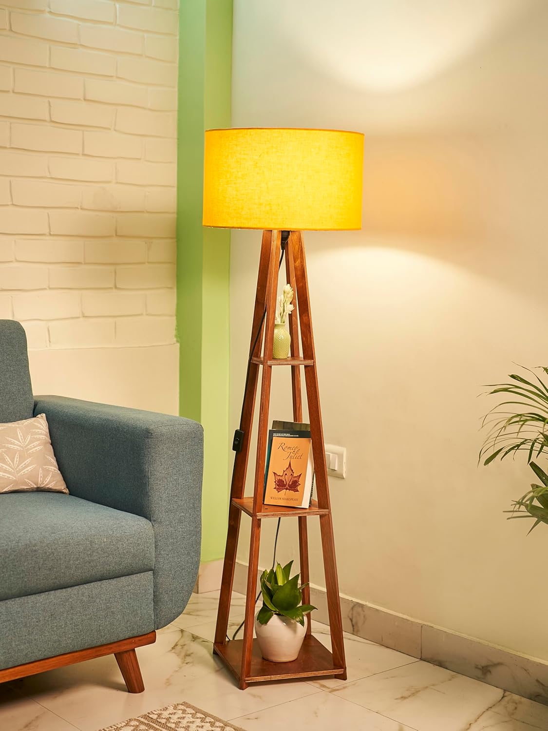 Crosscut Furniture Wooden Floor Lamp with Shelf (Fresh Yellow). LED Bulb Included.