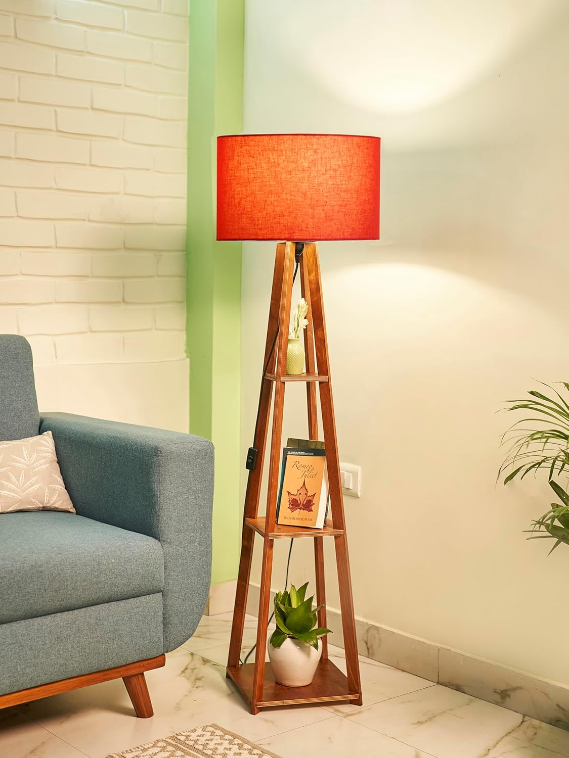 Crosscut Furniture Wooden Floor Lamp with Shelf (Lily Red). LED Bulb Included- Diwali Decoration Items