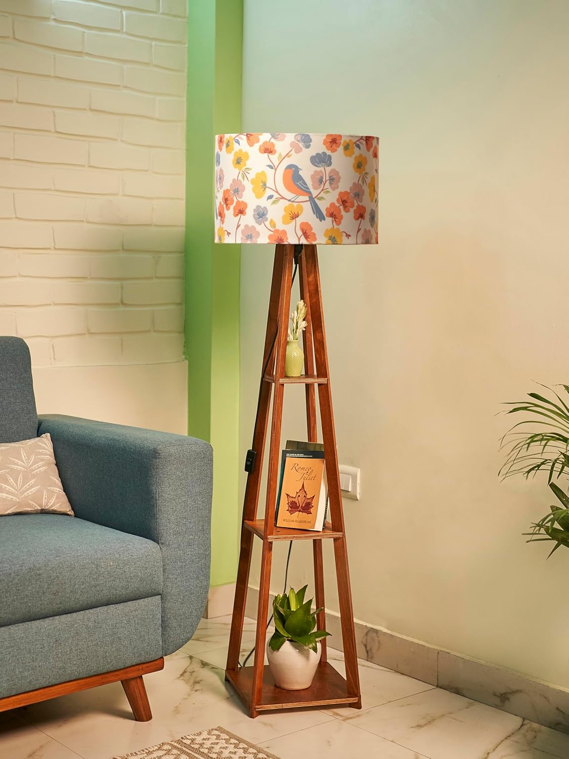 Crosscut Furniture Wooden LED Floor Lamp with Shelf (Retro Robin)