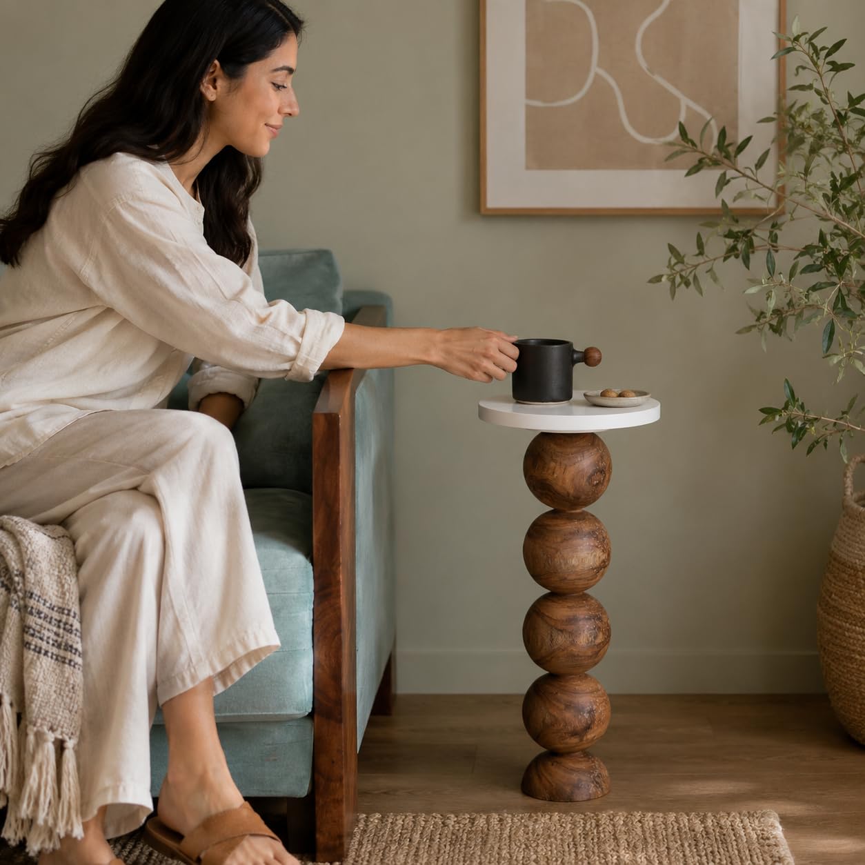 Liva Solid Wood End Table - Abstract Designer Side Table for Living Room and Bedroom - Brown Finish, Sheesham Ball Pack Sofa Table |