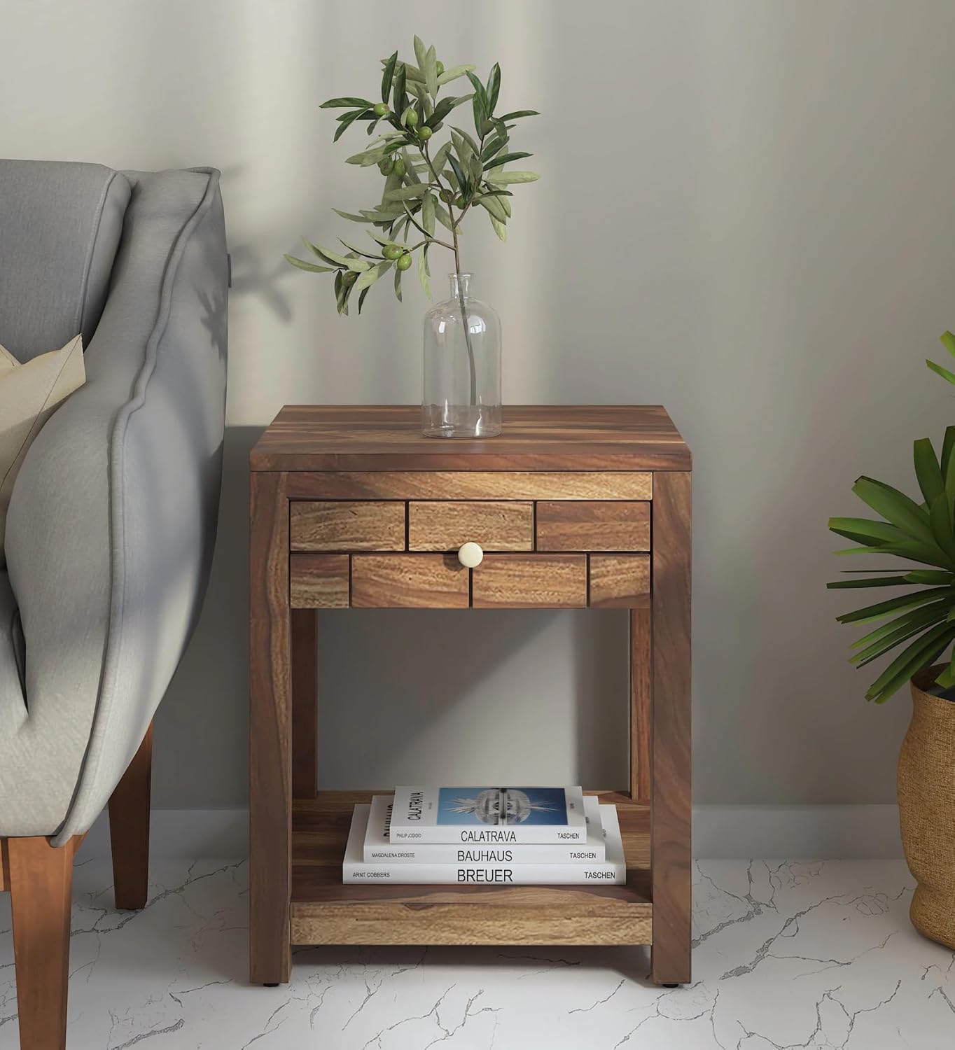 Chad Solid Wood END Table for Living Room | Premium Square Side Table for Home & Kitchen| Provincial Teak Finish, Pure SHEESHAM Wood |