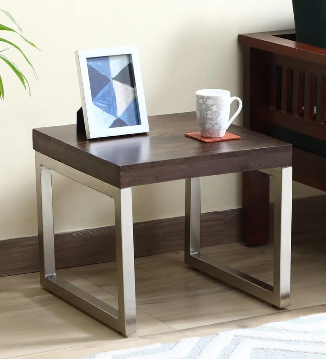 Kinsley Solid Wood End Table | Premium Side Table for Home & Kitchen | Dark Walnut Finish | Solid Mango Wood | Chrome Metal Legs Ideal for Home Decor
