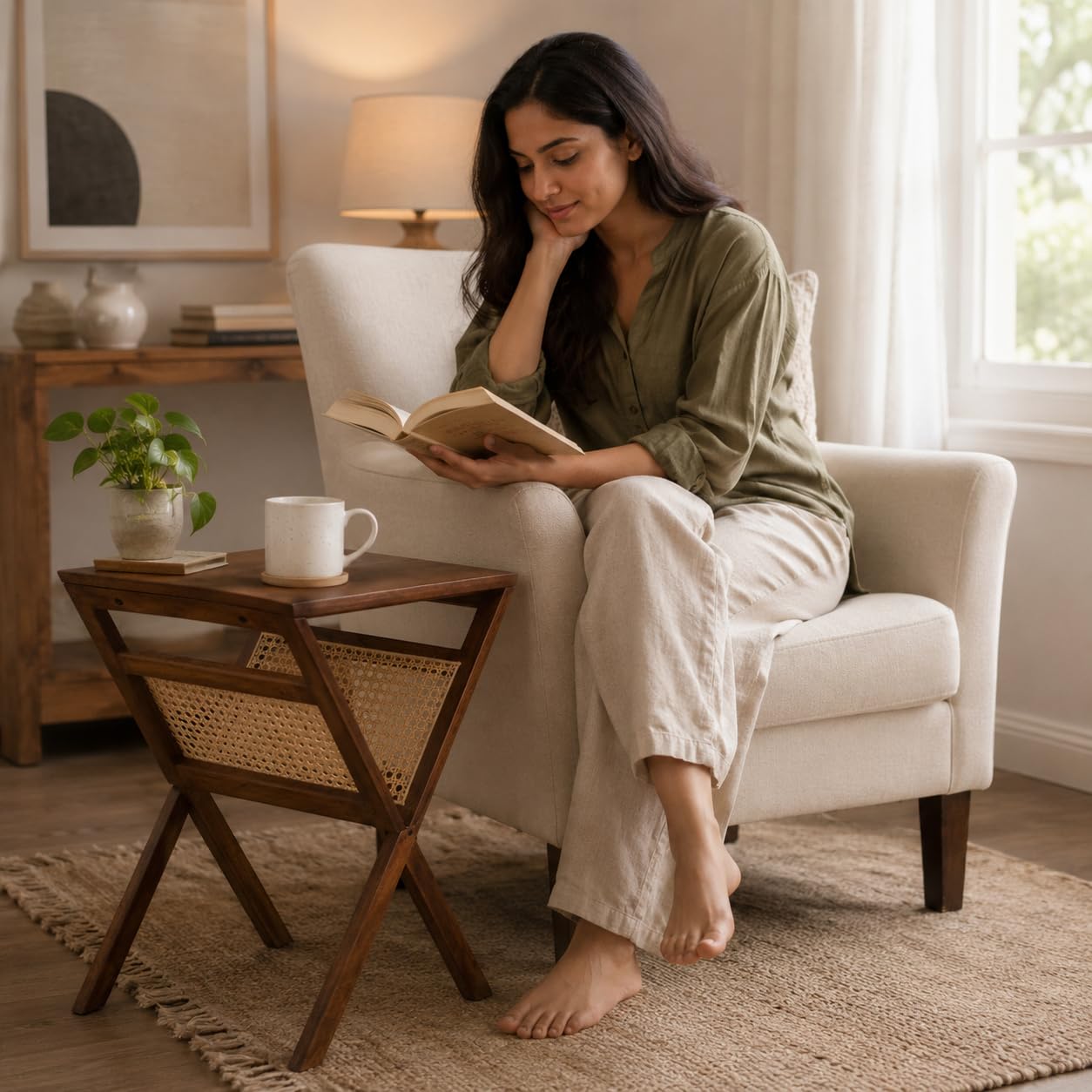 Kuwait Rattan Side Table for Bedroom | Cane End Table for Living Room | Mango Wood, Honey Teak Finish | Peg Table for Sofa |
